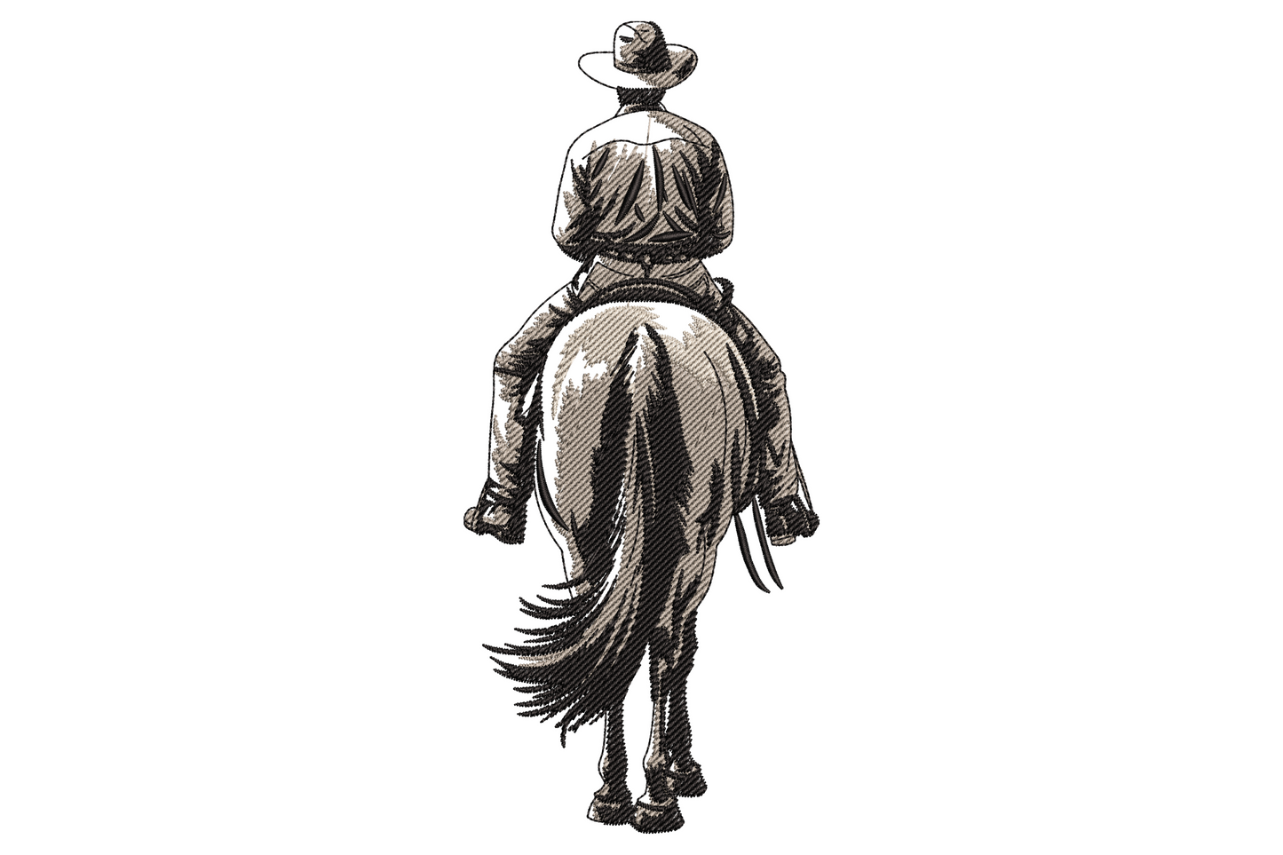 Silhouette cowboy riding galloping horse machine embroidery design, three colours warm brown and tan, vertical portrait composition on white background.