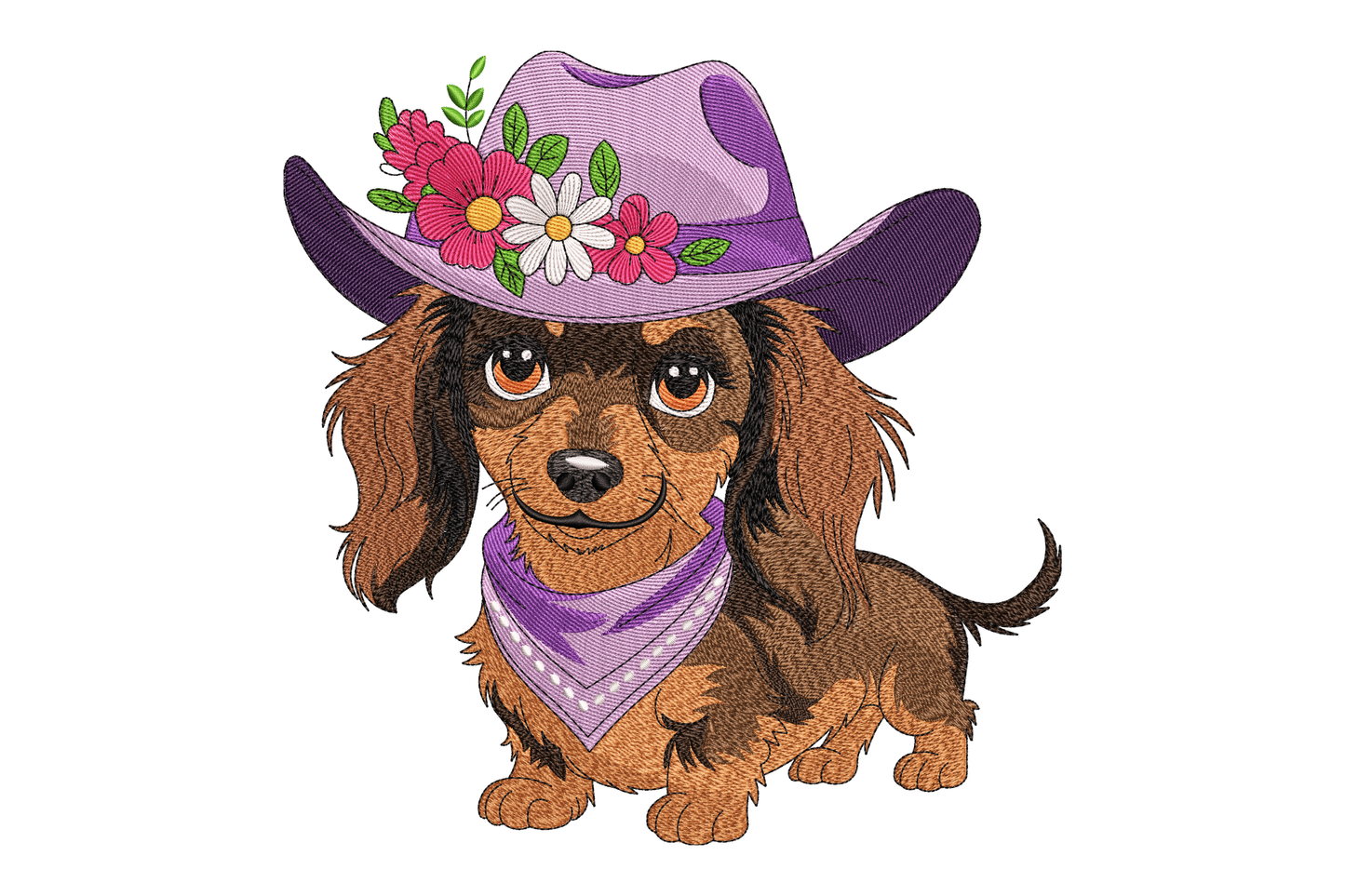 Dog wearing a purple hat with flowers and a matching bandana on a white background