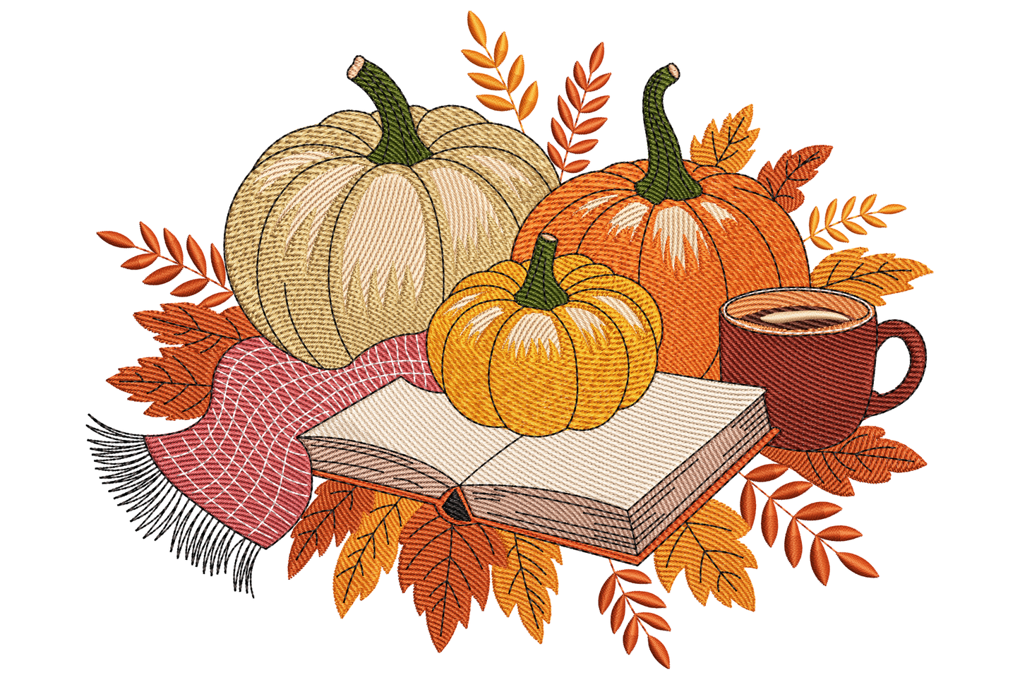 Cozy autumn pumpkins machine embroidery design, three pumpkins grouped with fall leaves and vines, seventeen colours, warm orange and green palette, directional satin rib shading.