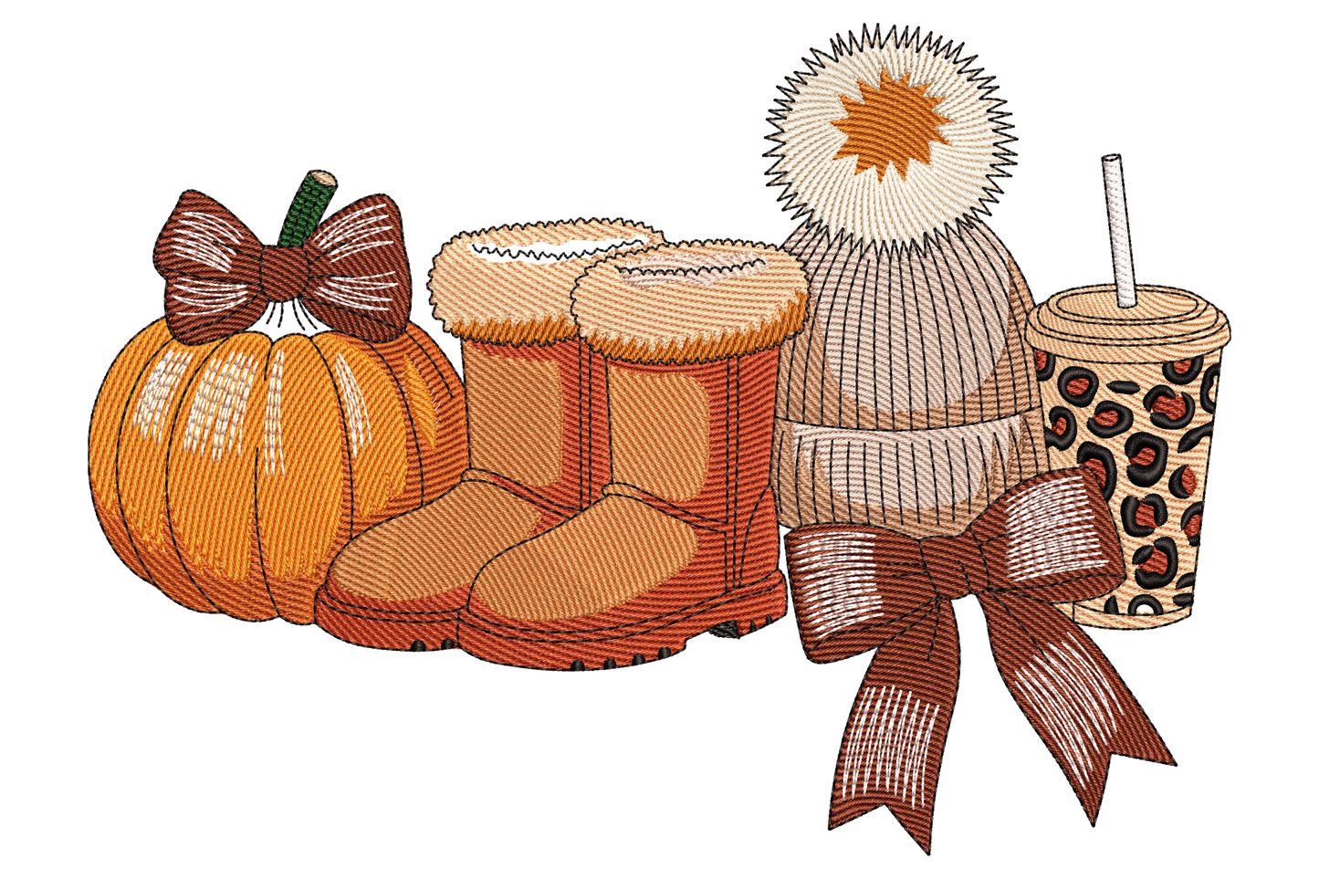 Cozy fall pumpkin boots machine embroidery design, ankle boots beside pumpkin with autumn leaves, sixteen colours, warm orange and brown palette, illustrative style.