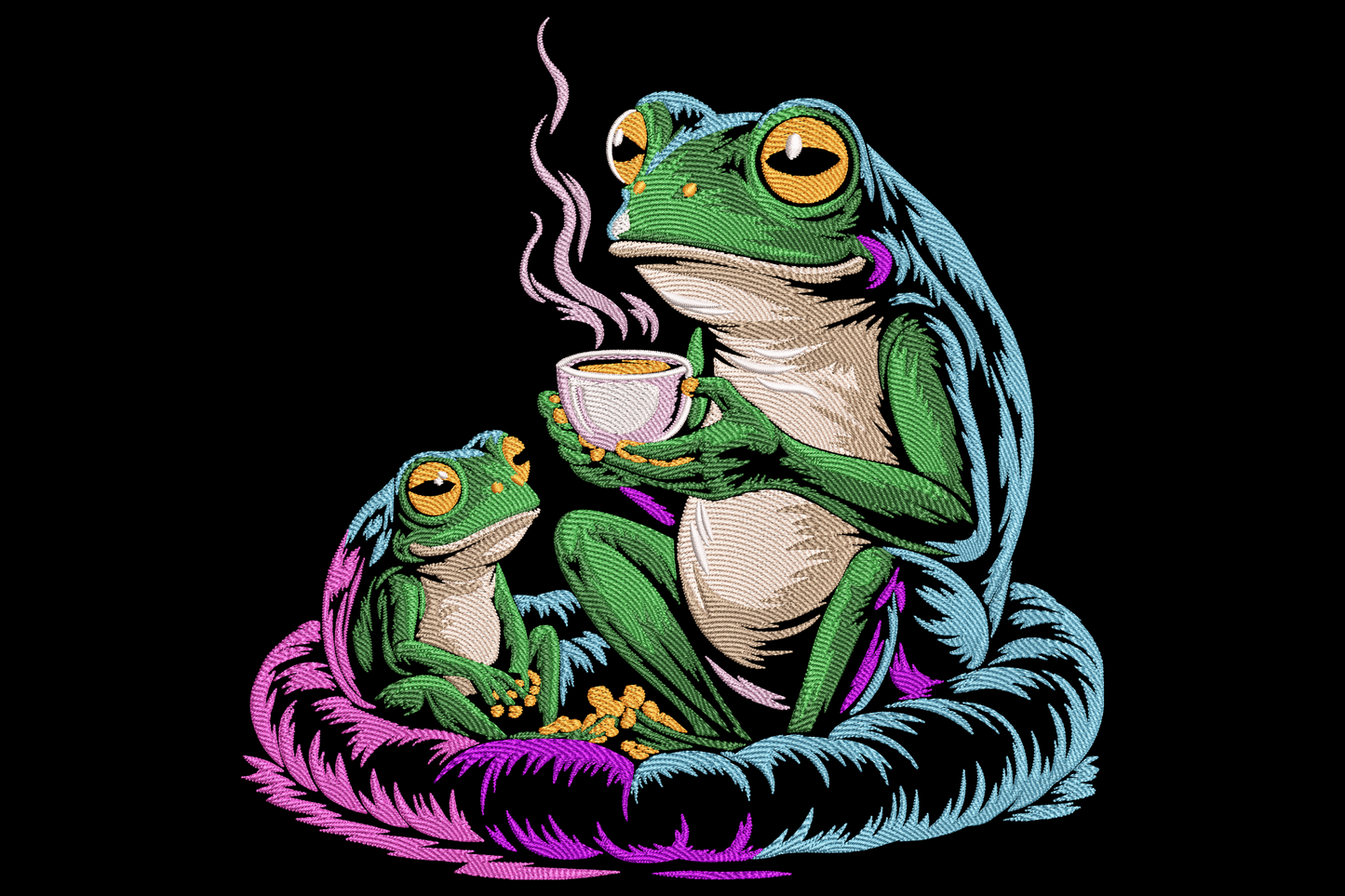 Two cartoon frogs sharing coffee embroidery design, big frog holding a steaming white cup, smaller frog beside on a pink swirly cushion.