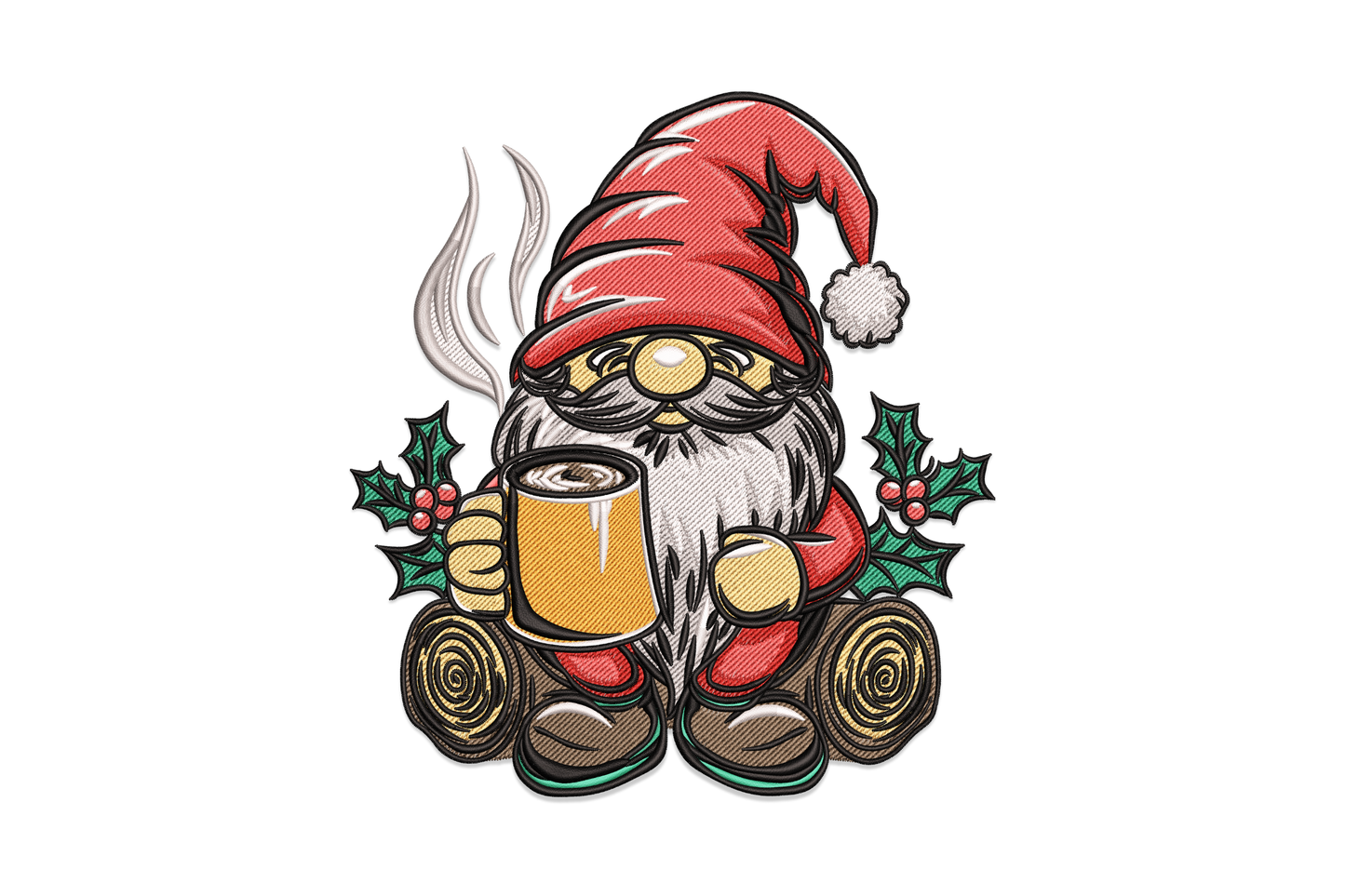 Chubby gnome in a red Santa hat holding a steaming coffee mug, seated on log rounds, dark green holly leaves on each side.
