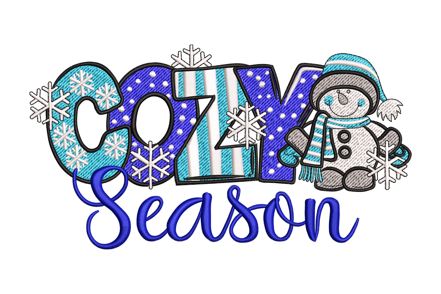 Cozy Season snowman embroidery design in 6 colors with block letters, snowflakes, and cursive script