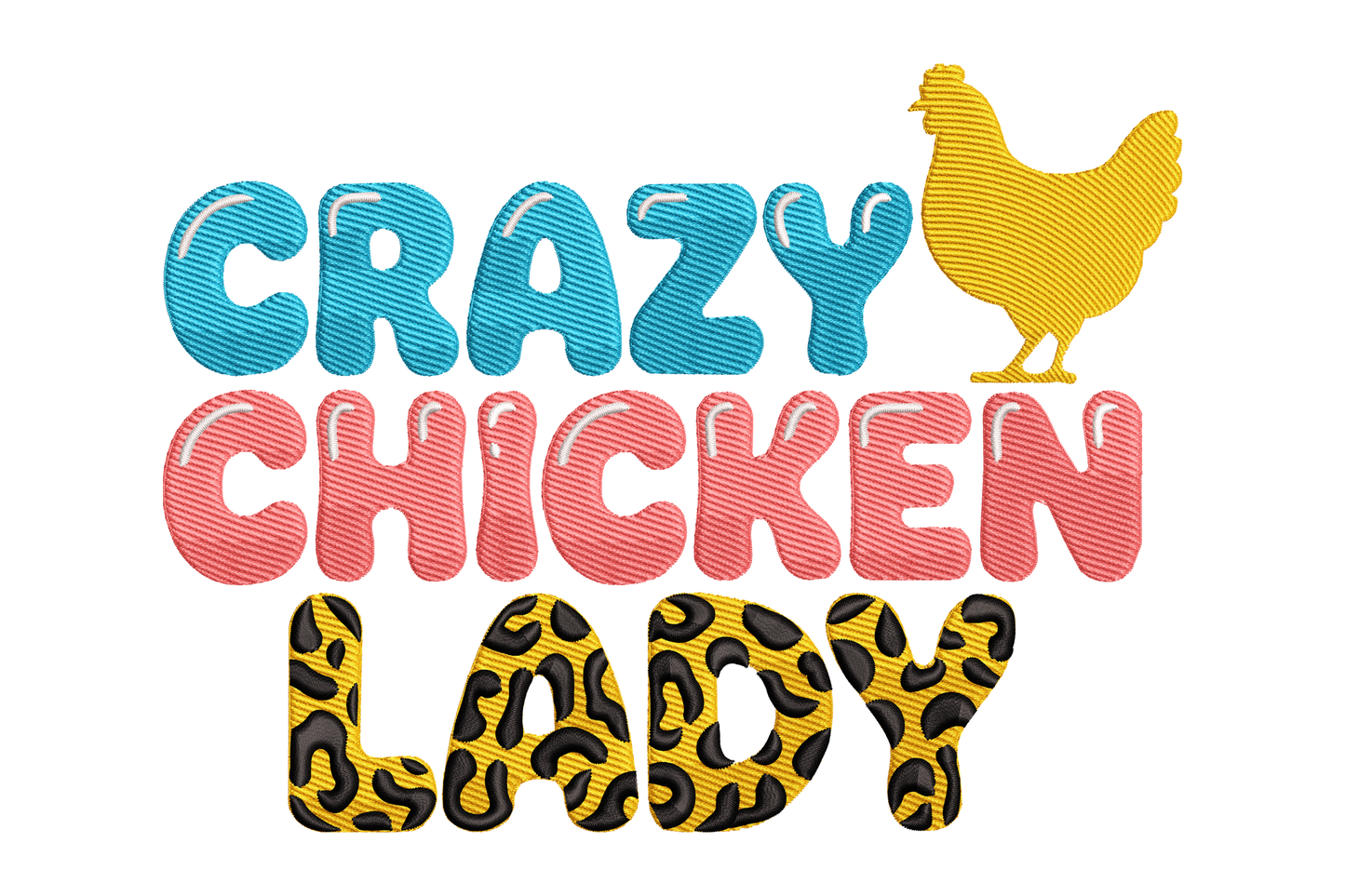 Colorful text 'Crazy Chicken Lady' with a yellow chicken icon on a white background