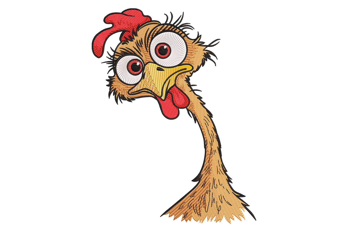 Crazy hen head embroidery design with bulging white eyes, long scrawny neck, red comb and scraggly tan feathers.
