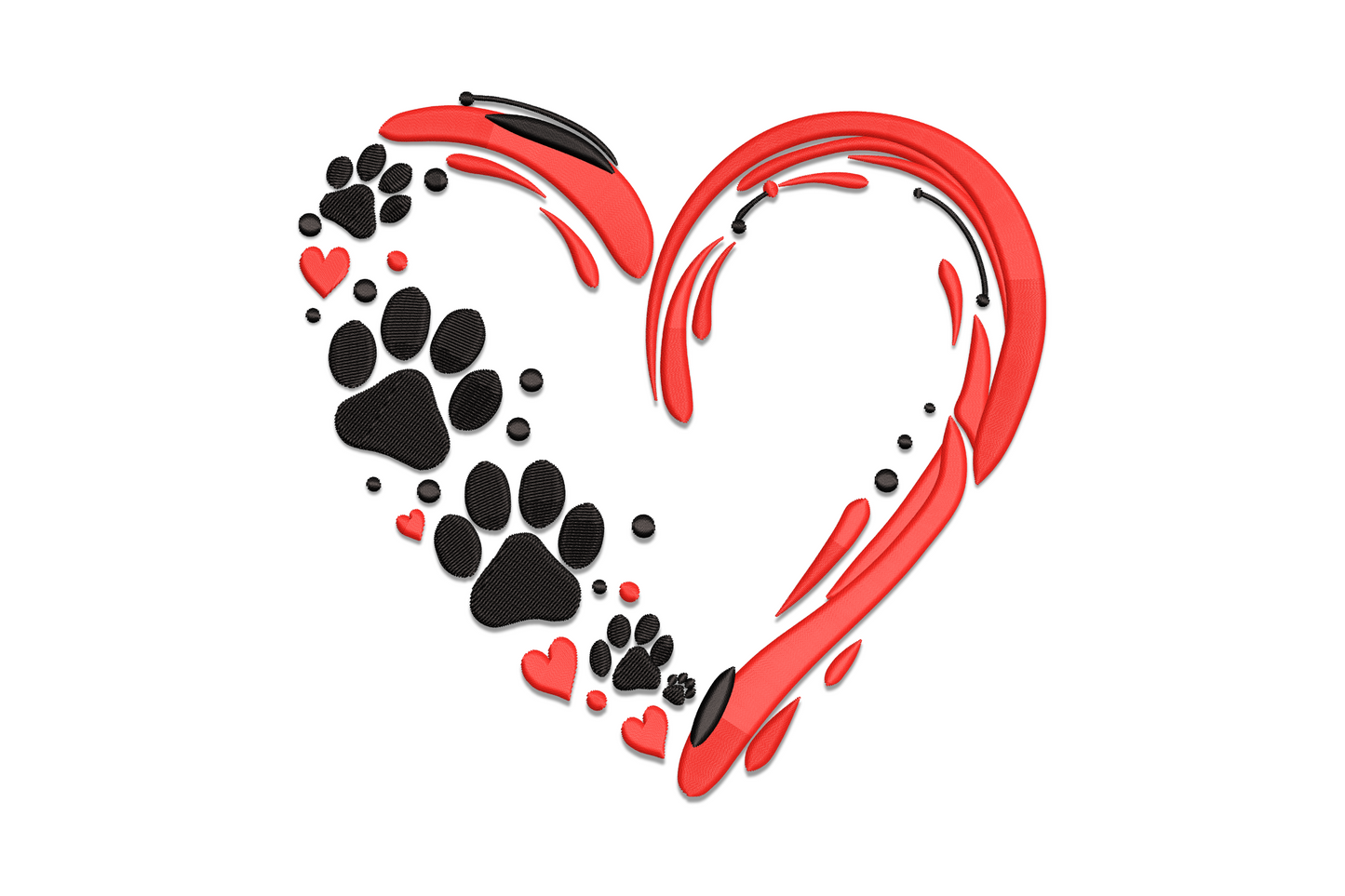 Dog paw heart machine embroidery, paw print with toe pads arranged as a heart, warm brown and cream, 5 sizes 3.31 to 7.09 inches