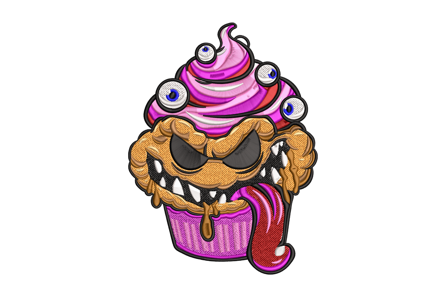 Machine embroidery design of a monster cupcake with googly eyeballs fangs and dripping icing, 11 colours, halloween party style, 2 sizes