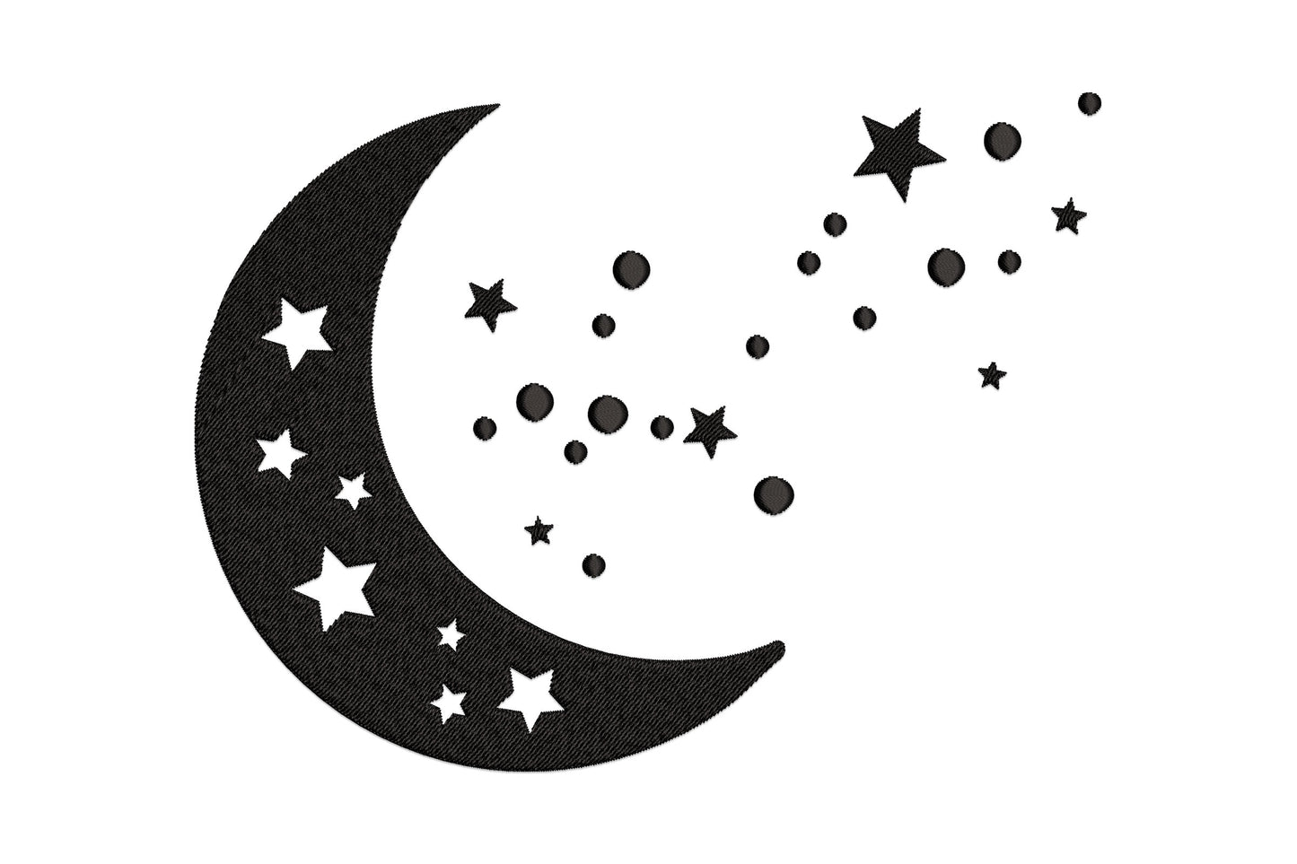 Crescent moon star embroidery design with a solid black moon, white star cutouts, and a loose constellation cluster of stars and dots above the top horn.