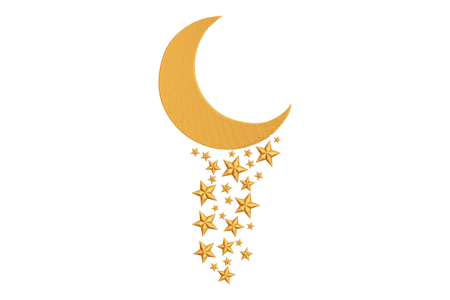 Machine embroidery crescent moon and star design, star tucked inside the crescent curve, two-colour golden satin fill on simple geometric composition, fantasy celestial style.