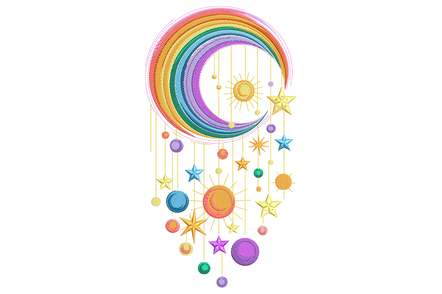Crescent rainbow moon embroidery design, pastel arcs with hanging stars, sun and beads dangling on yellow threads.