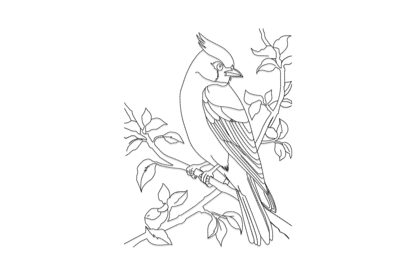 Crested songbird on a bare branch embroidery design, single outline style, crest feathers and tail visible.