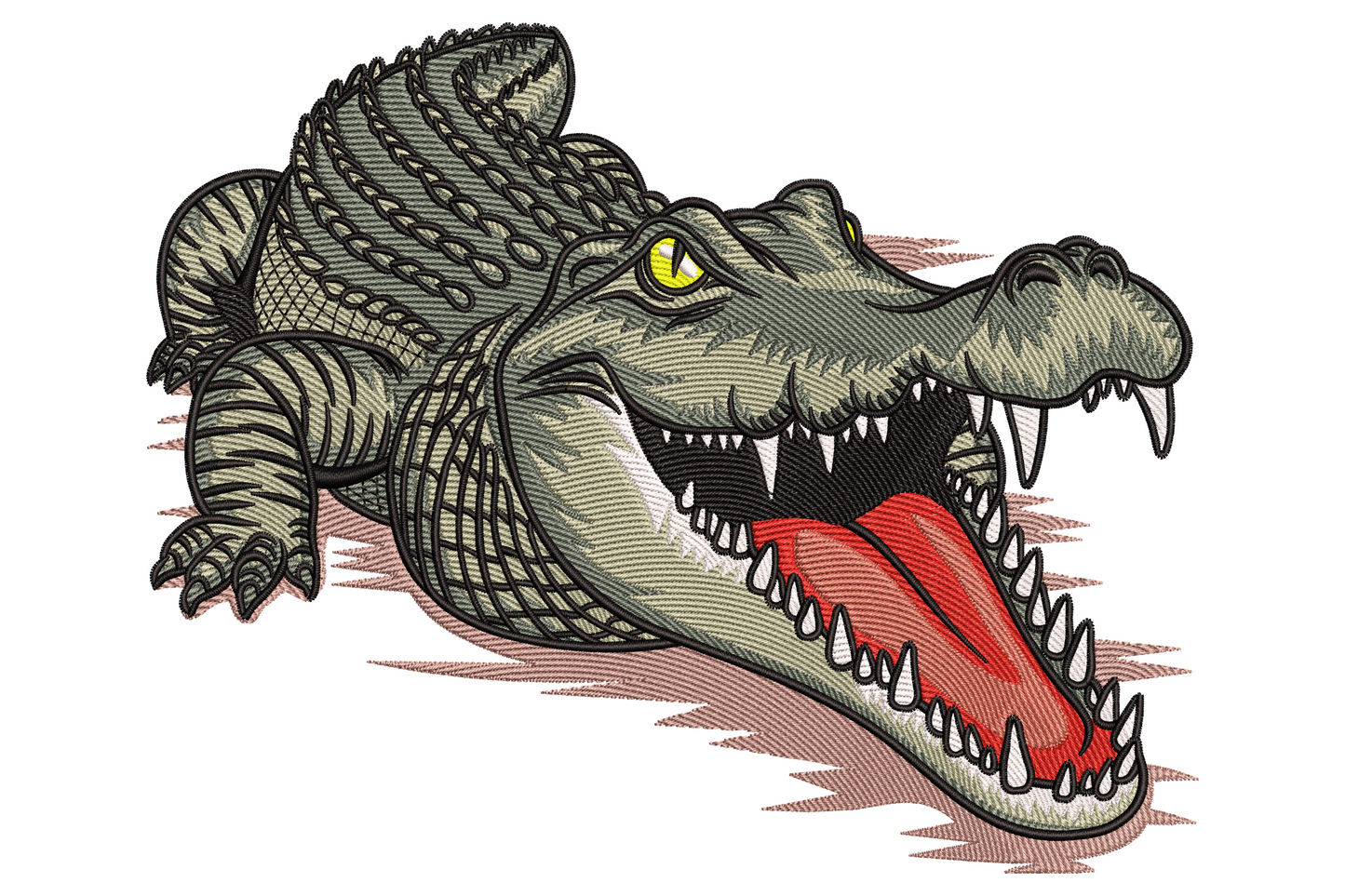Embroidered realistic crocodile with open jaws, white teeth and red tongue, layered grey-green scales on white.