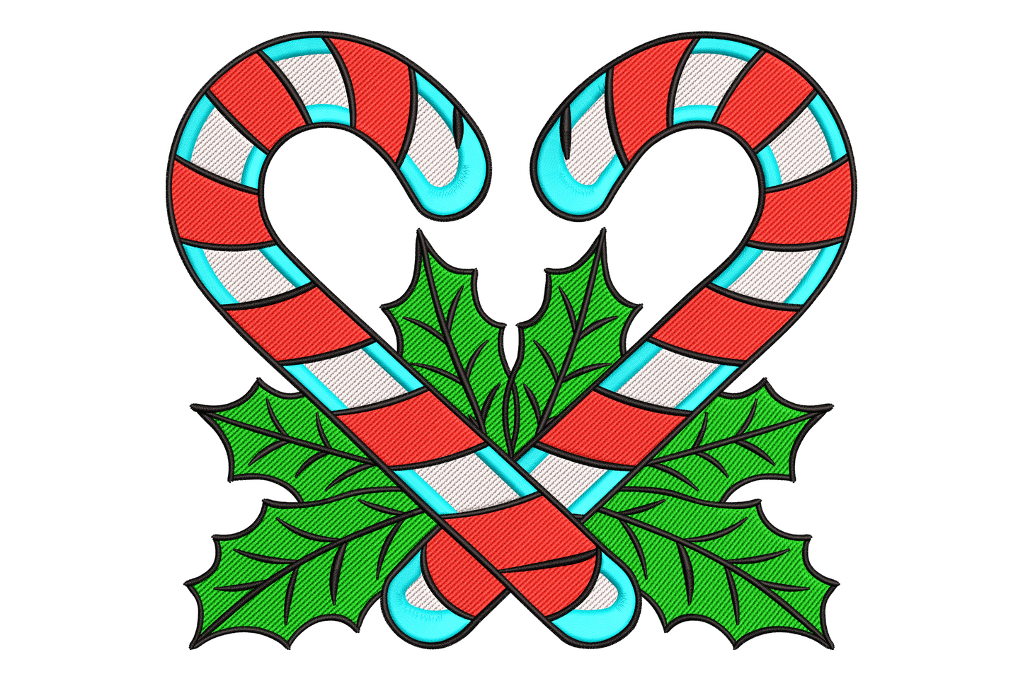 Crossed candy canes embroidery design in red white and aqua blue stripes forming heart with green holly leaves at base, stained glass style