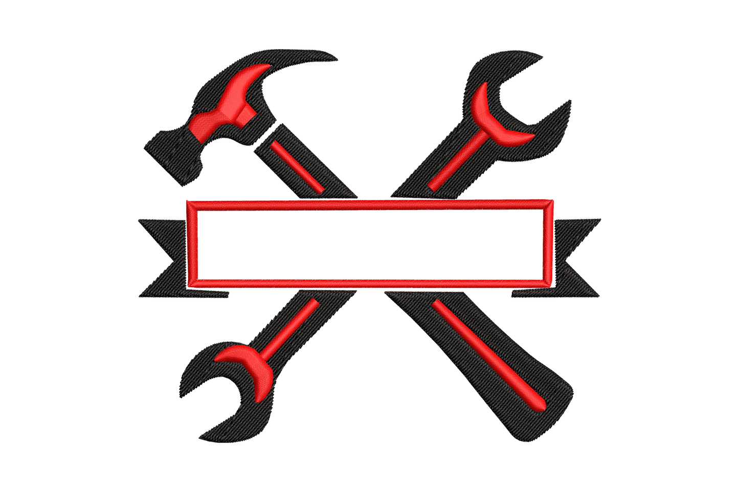 Crossed tools banner embroidery design - hammer and spanner crossed in black and red with ribbon banner, 3 sizes