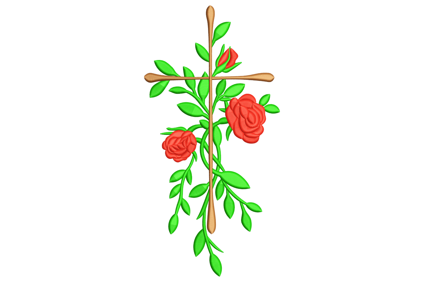 Cross with roses embroidery design showing a tall tan wooden cross with a climbing vine, two open coral-red roses and a small bud.