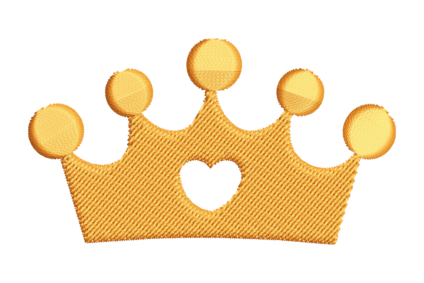 Crown heart embroidery design, small chunky gold crown with five dome bumps and tiny heart cut-out at centre band