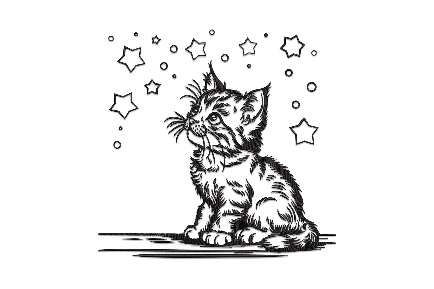 Curious kitten kawaii embroidery design, round body with wide upward-tilted eyes and five-point stars floating overhead.