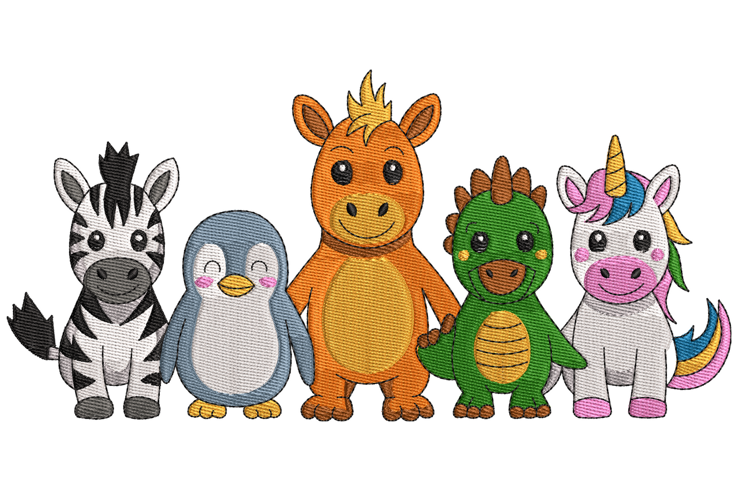 Cute chibi animal friends embroidery design with zebra penguin dragon dino and pink unicorn in row