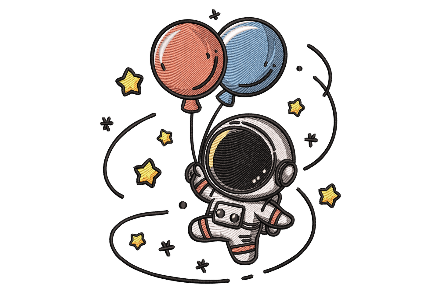 Cute cartoon astronaut embroidery design floating with red and navy balloons, surrounded by mustard stars and swirly trails.
