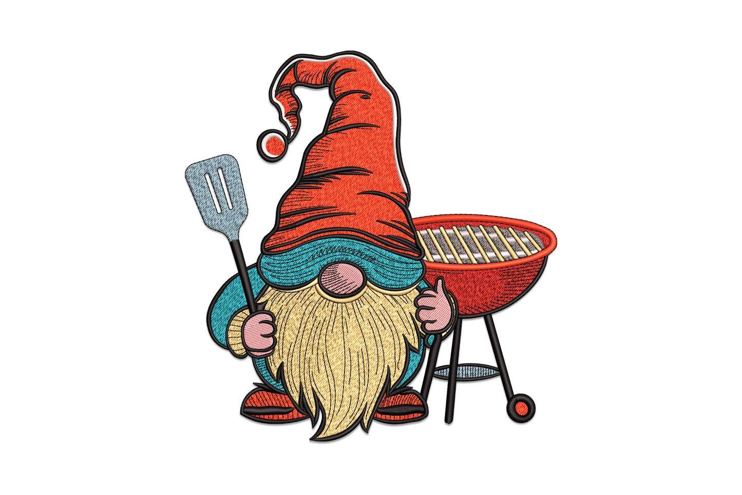 Cute BBQ gnome embroidery, tall red hat, long golden beard, steel spatula and red kettle grill, flat cartoon style.