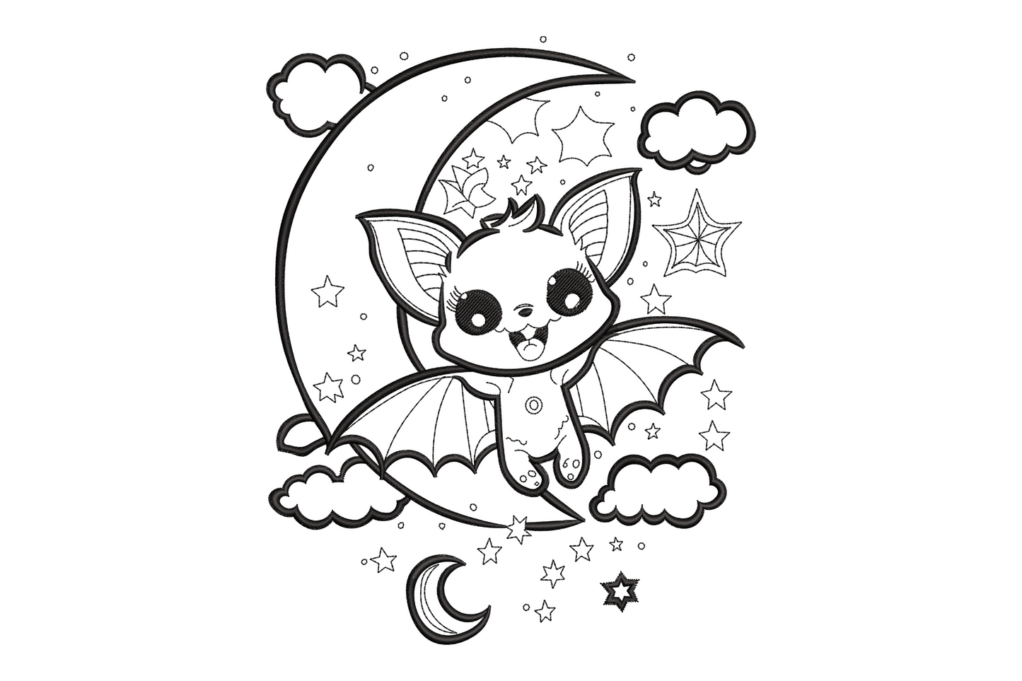 Kawaii baby bat on crescent moon halloween embroidery design, single black thread with stars, clouds and spider web details