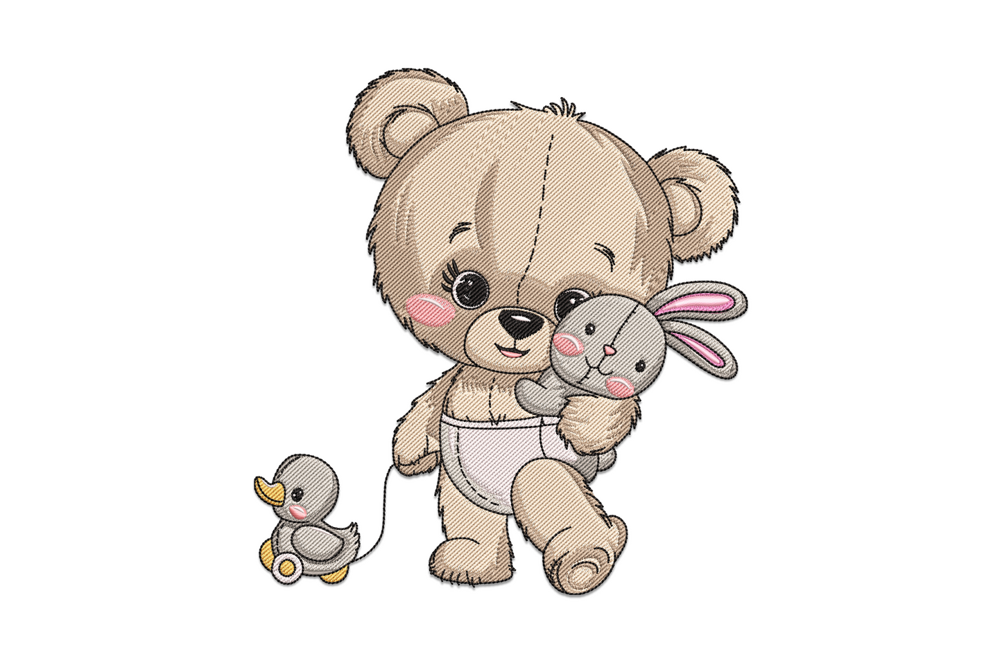 Baby bear with bunny embroidery design, chubby tan bear in a white nappy hugging grey bunny plush, yellow pull duck beside.
