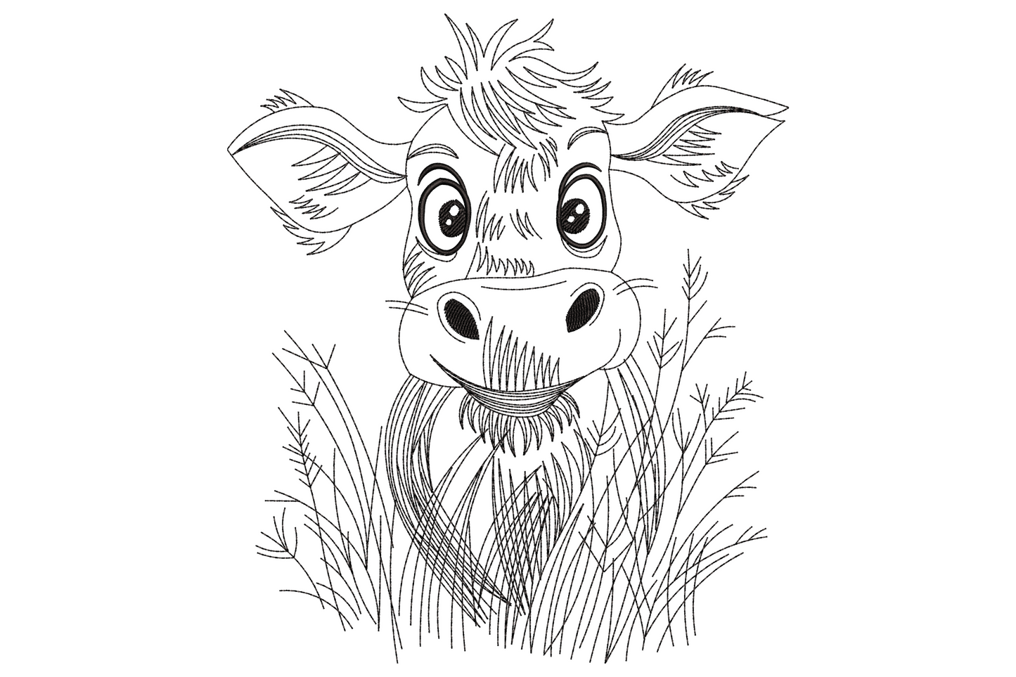 Machine embroidery design, cartoon baby calf peeking through tall grass, single black thread, farm animal linework