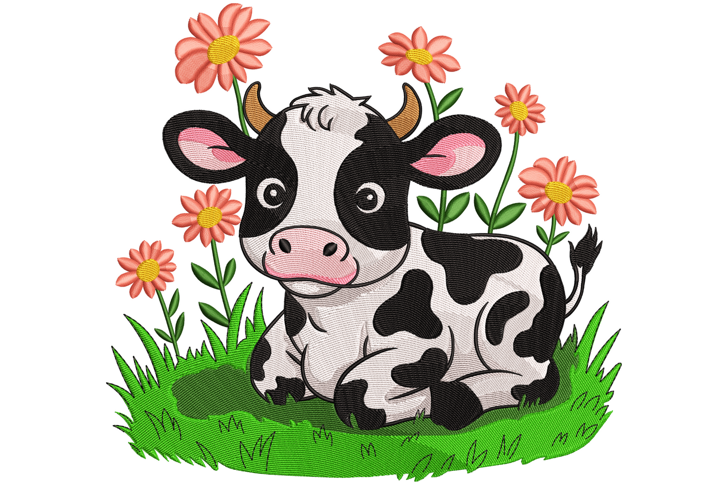 Baby cow with flowers embroidery design, black-and-white Holstein calf sitting in green grass surrounded by salmon-pink daisies, soft cartoon style.
