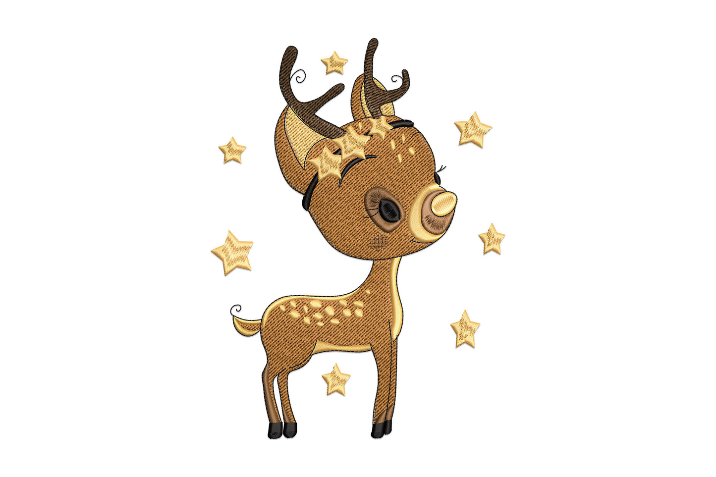 Cute baby deer embroidery, standing fawn with warm brown body, star-shaped spots and floating gold stars around it.