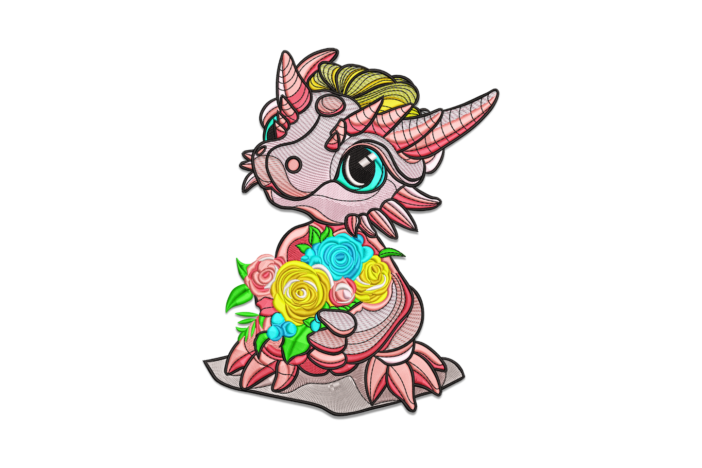Cute baby dragon with flowers embroidery design showing a chibi pink dragon with teal eyes holding a colourful rose bouquet.