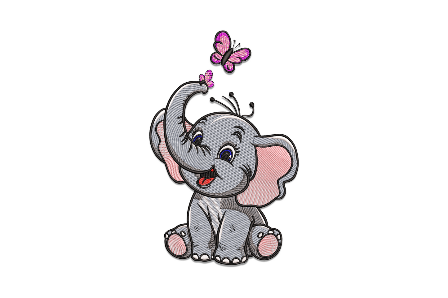 Cute baby elephant machine embroidery design with grey-blue satin body, pink inner ears and curled trunk, digitised across 5 sizes from 3.51 to 7.51 inches