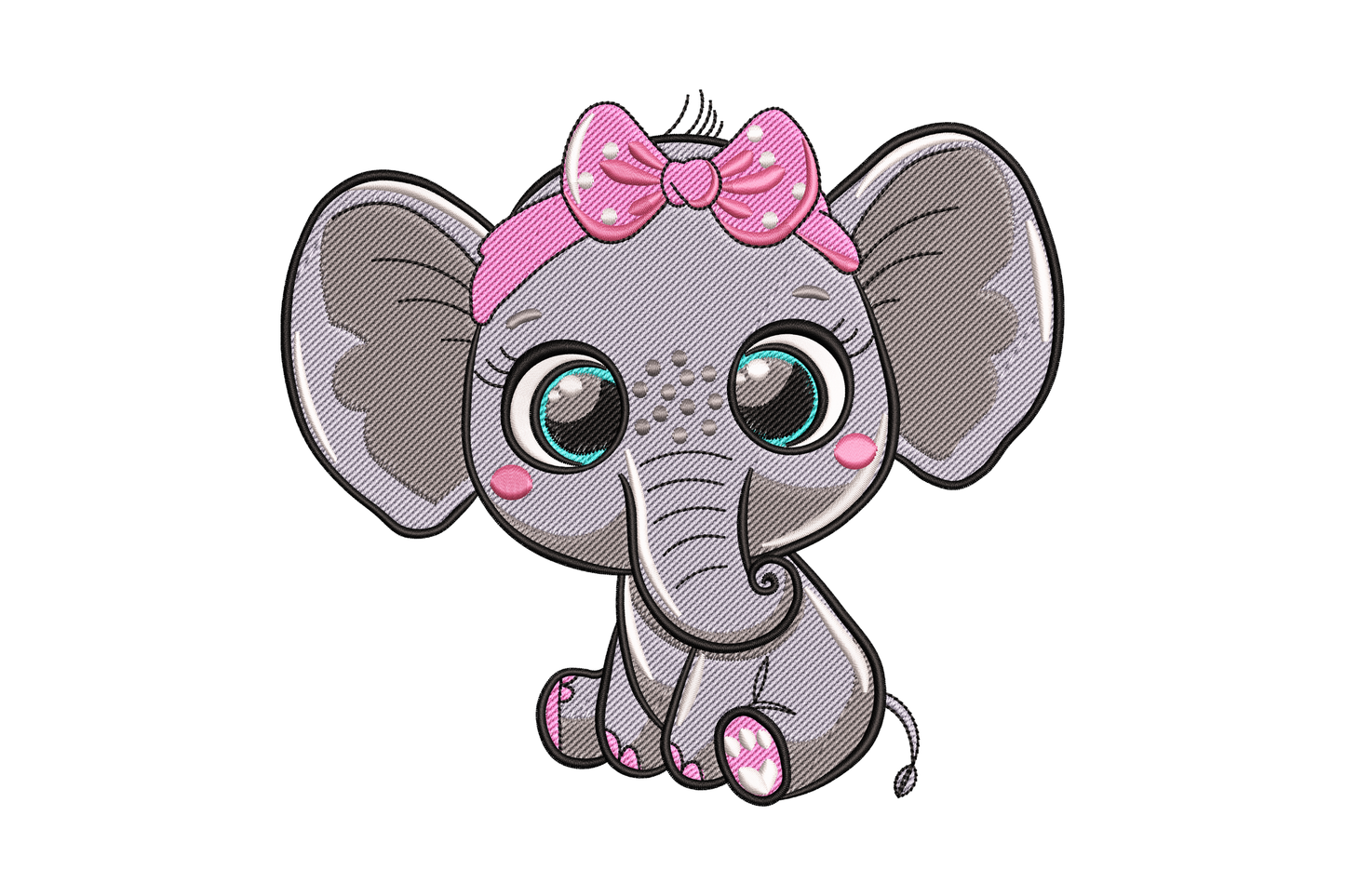 Baby girl elephant embroidery design, seated front-facing with oversized teal eyes, pink polka-dot bow headband, grey satin fill body and curled trunk tip.