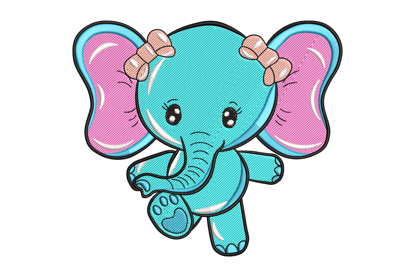 Baby elephant embroidery design in aqua-teal with hot pink inner ears, two peach ear bows, sparkly eyes and arms outstretched in a running pose.