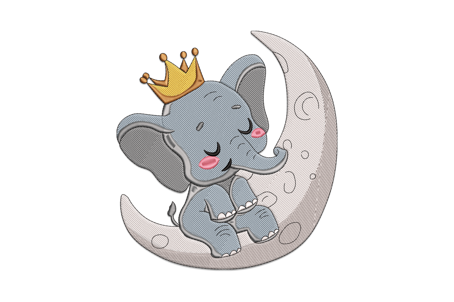 Baby elephant on crescent moon embroidery, sky blue elephant with gold crown and pink cheeks, soft nursery style, 5 sizes.