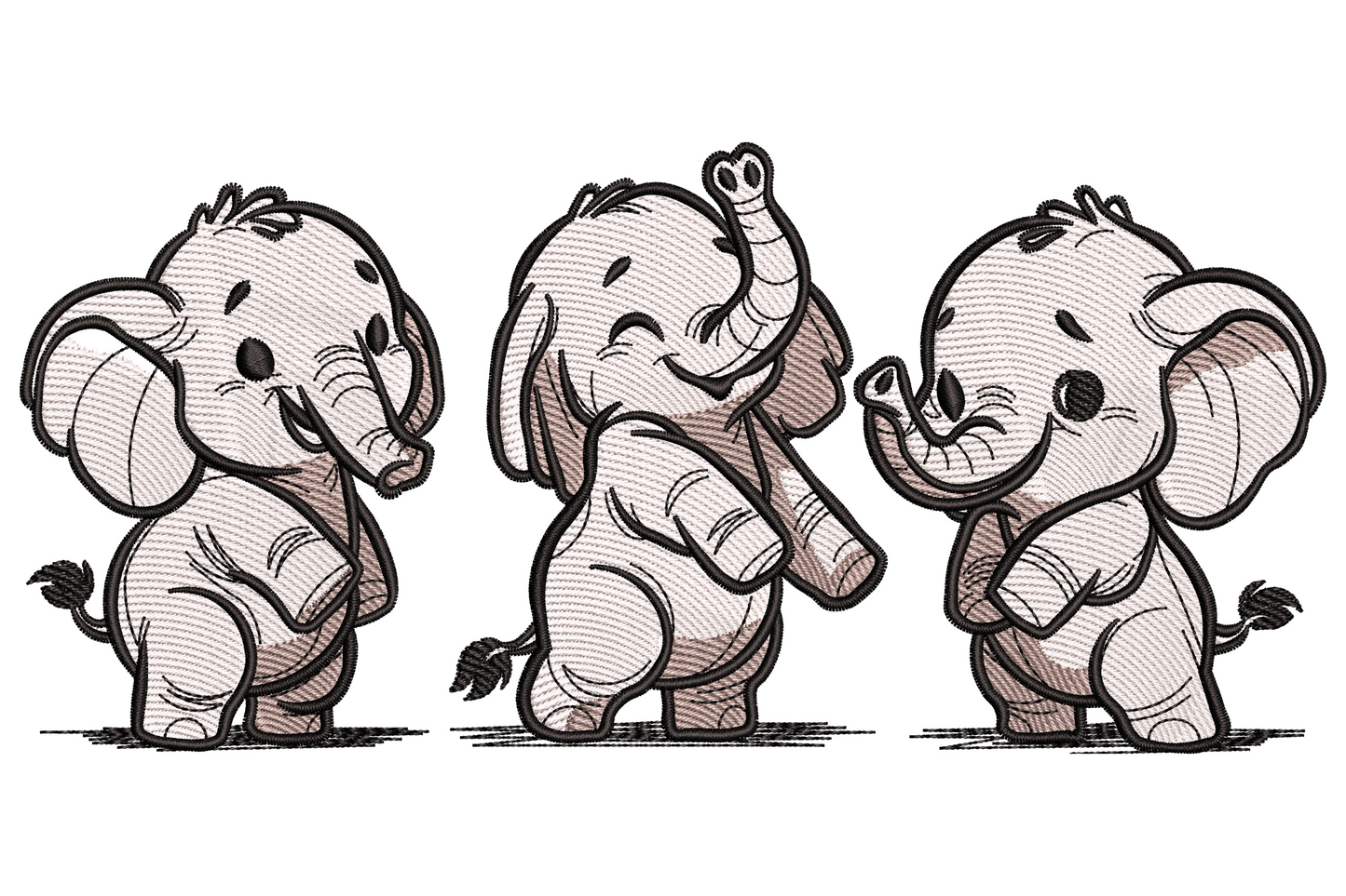 Trio of baby elephants embroidery design in line art with soft grey fill, three lil playful babies standing side by side.