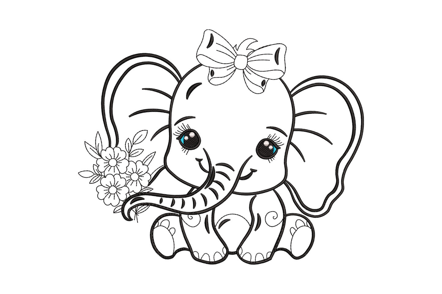 Baby elephant with bow embroidery design, chubby cartoon elephant with a large pink bow on its head, grey and pink colours.
