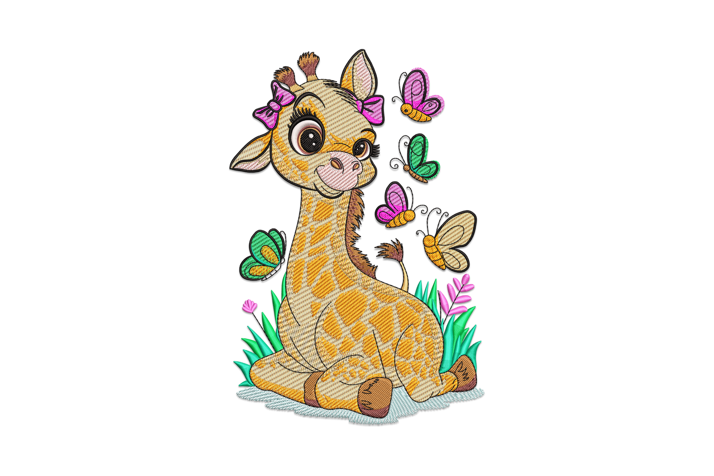 Cute baby giraffe embroidery design looking up at butterflies, kawaii cartoon style with golden yellow patches and pastel lavender butterfly wings