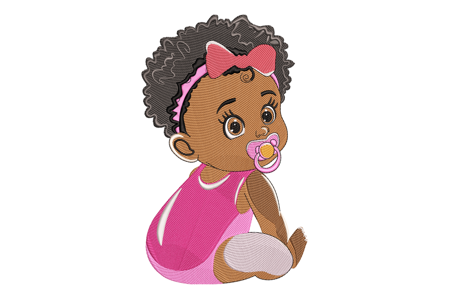 Cute baby girl embroidery design, Black toddler with curly hair, pink bow headband, pacifier and hot-pink dress.