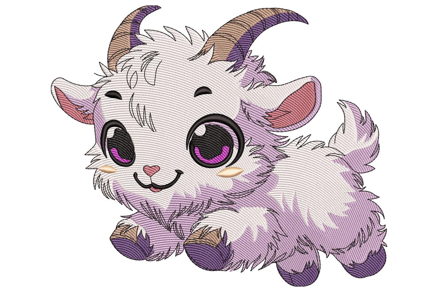 Cute baby goat machine embroidery design showing a cartoon baby goat with fluffy white body and grey shading on white background, farm nursery theme.