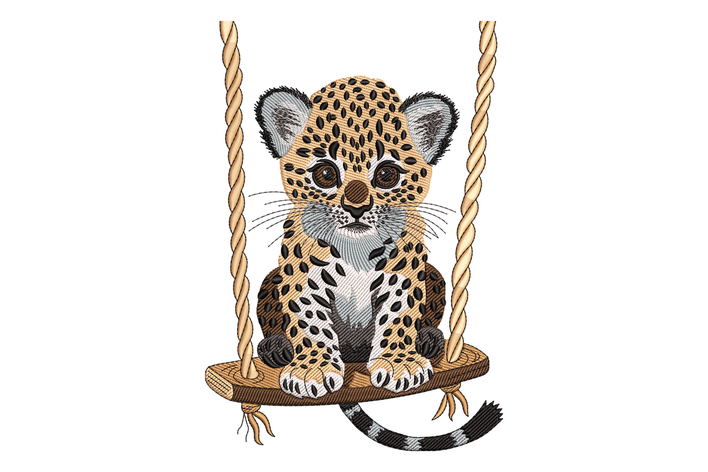 Baby leopard cub sitting on a rope swing embroidery design, golden tan with black spots, white chest, brown wooden seat and thick twisted cream rope.