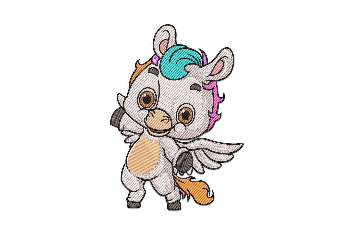 Cute baby Pegasus embroidery design with teal mane, orange wings, and 12 thread colours