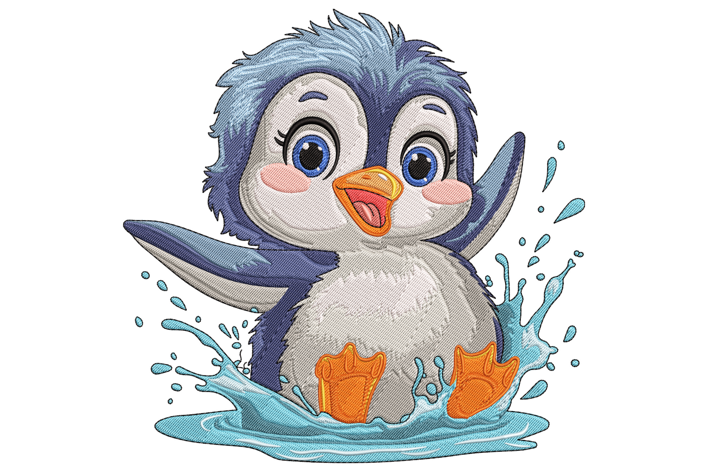Machine embroidery design of a baby penguin splashing in water with wings out, bright aqua splash and white foam, 9 sizes up to 7.38 inches wide