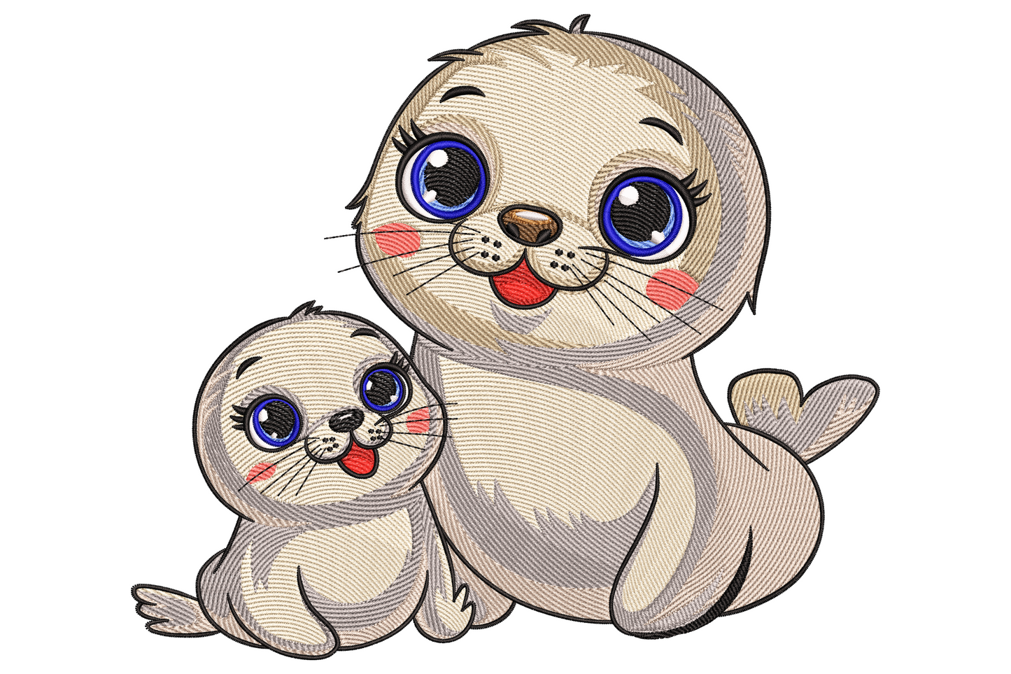 Baby seal family machine embroidery design, parent and baby seal in dove grey and cream on pastel blue onesie fabric