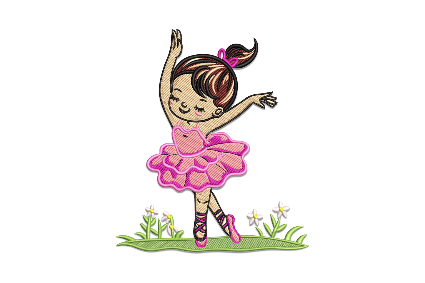 Cute ballerina girl embroidery design showing a cartoon dancer in a pink tutu mid-pose with daisies at her feet