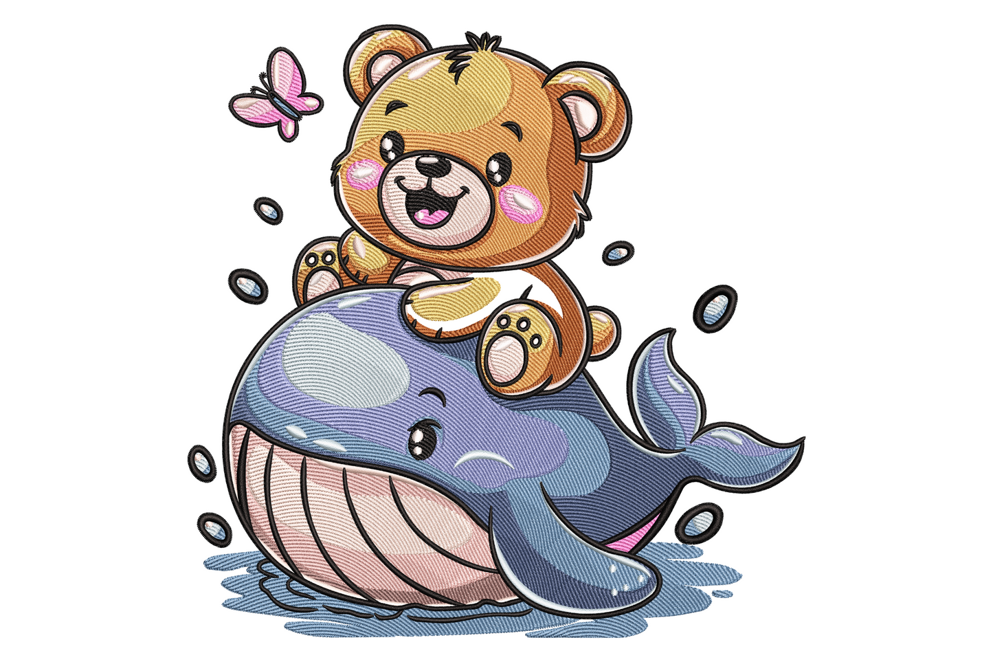 Bear riding whale embroidery design, chestnut bear on slate blue whale with cream water spray, kawaii cartoon style