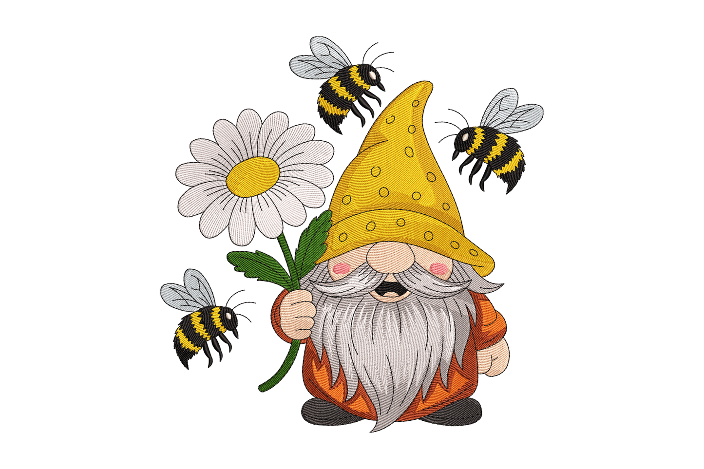 Cartoon gnome with a yellow hat holding a flower, surrounded by bees on a white background
