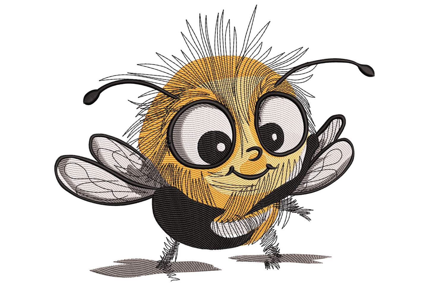 Cute fuzzy bumblebee embroidery design with giant cartoon eyes, wild orange spiky fur, black belly stripe and transparent grey wings.