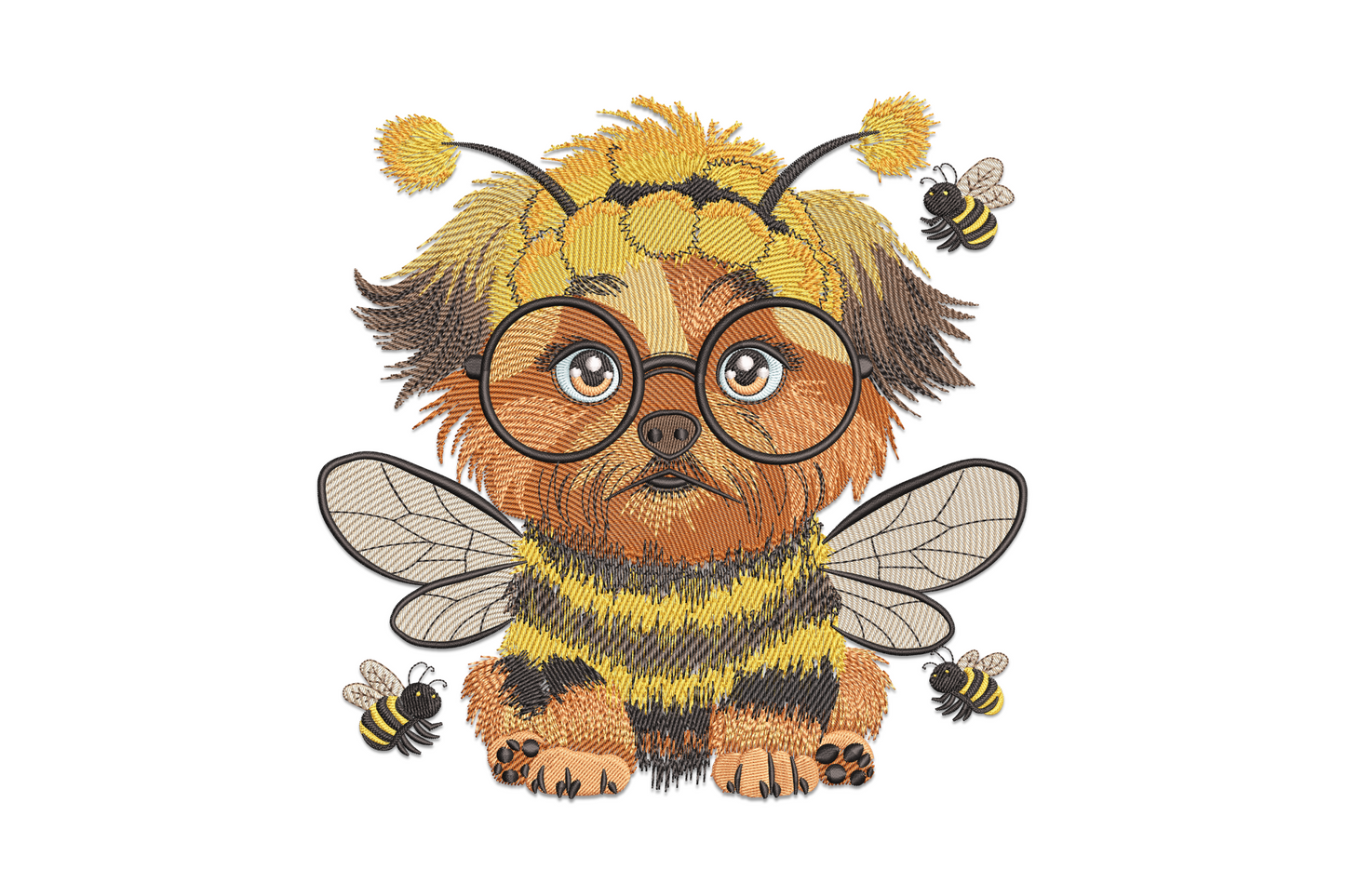 Fluffy brown puppy in yellow and black bee costume with translucent wings, round glasses and antenna headband.