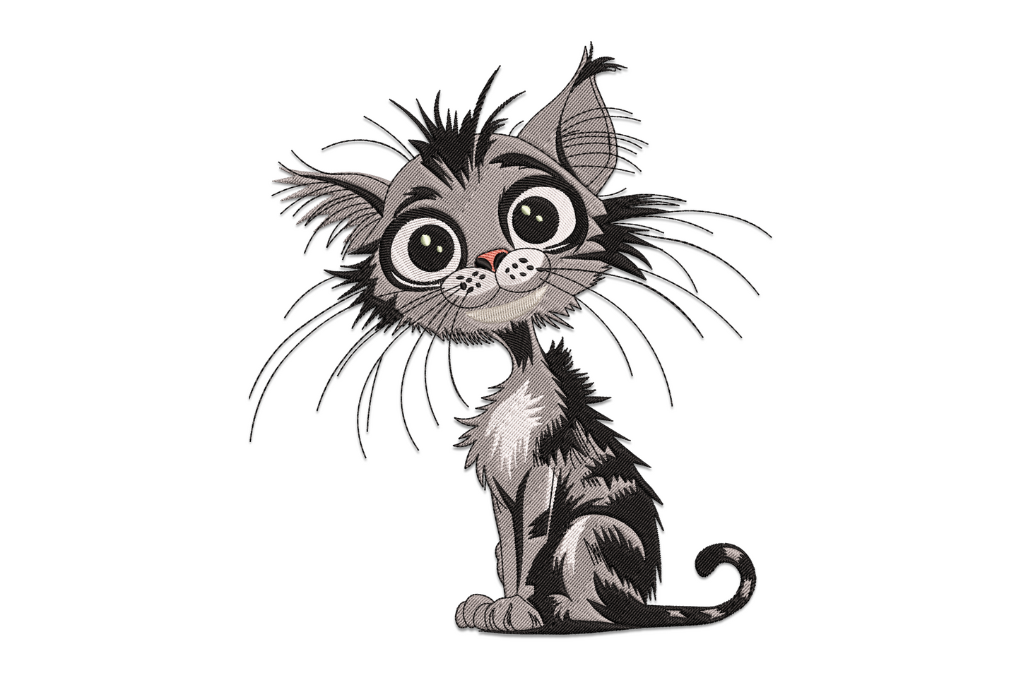 Big eye cartoon cat embroidery design on pastel pink onesie, cream body with oversized emerald green eyes and black nose.