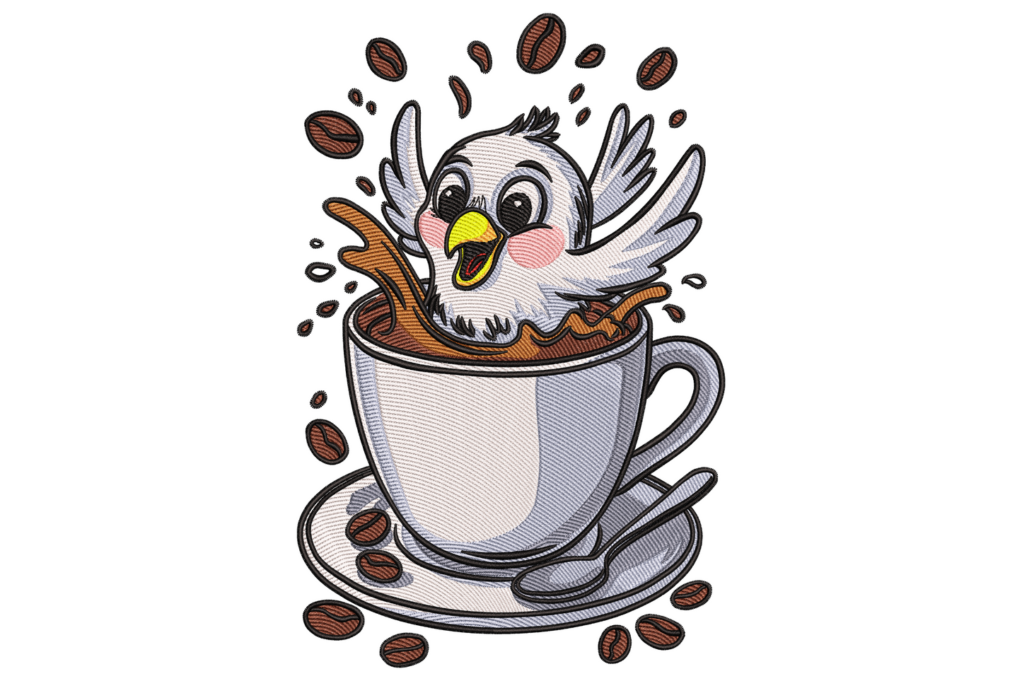 Cute bird in coffee cup embroidery, white bird splashing in a brown mug with beans flying and a saucer below.